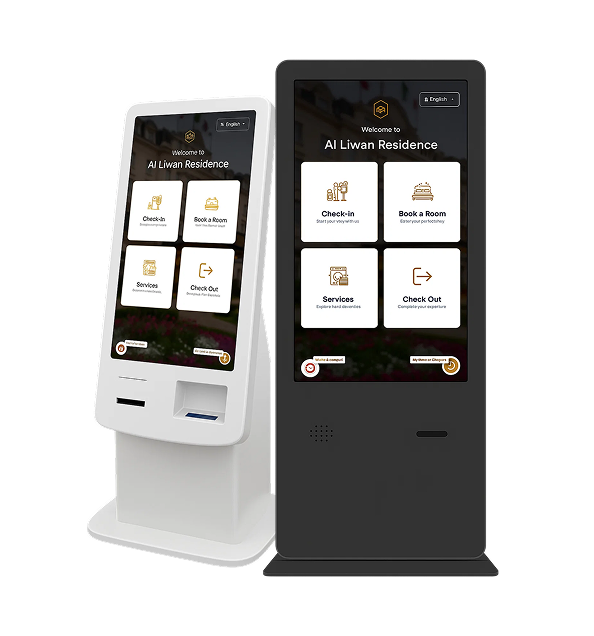 Hotel self-service check-in kiosks in modern lobby