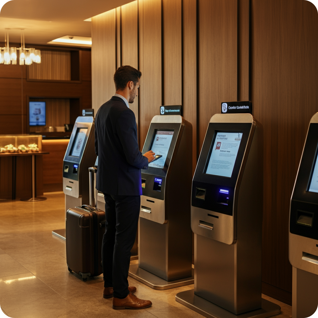 Hotel self-service kiosks in modern lobby